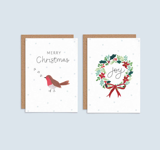 Christmas Robin and Wreath - Pack of 8